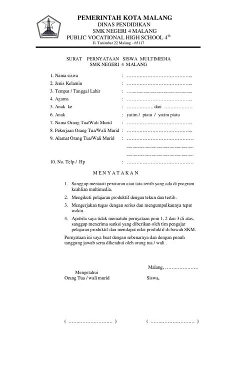 Contoh Surat Perjanjian Siswa Gawe CV
