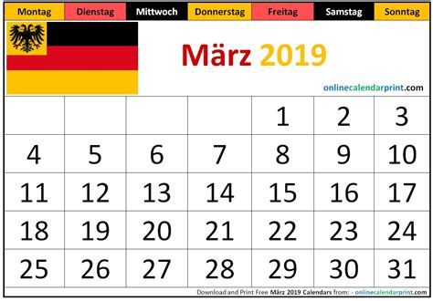 März 2019 Kalender Deutschland Monthly Calendar Template February