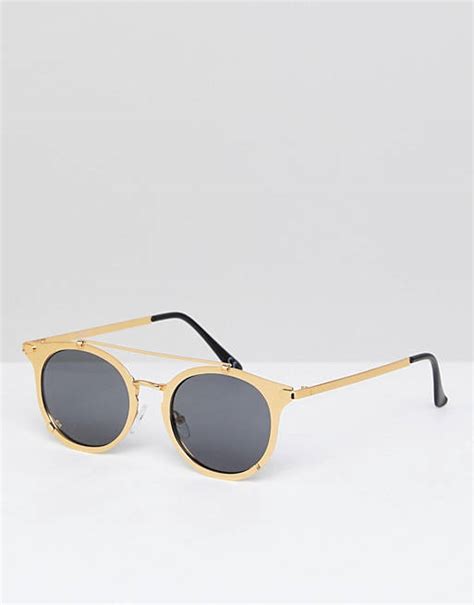 Asos Round Sunglasses In Brushed Gold With Brow Bar Asos