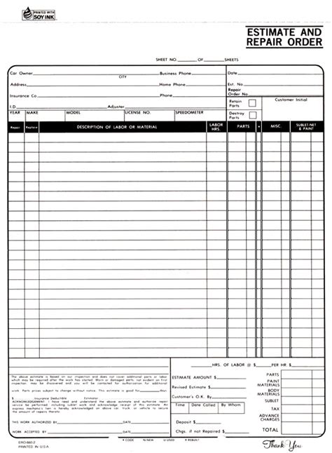 Printable Free Auto Body Repair Estimate Template Forms