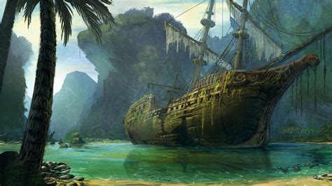Wallpaper Painting Sea Vehicle Jungle Swamp Old Ship Ghost Ship