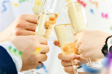 Celebration Hands Holding The Glasses Of Champagne And Wine Making A