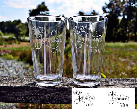 Personalized Pair Of Etched Pint Glasses Mr And Mrs Last Name Wedding T High Quality