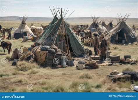 Nomadic Tribe Setting Up Camp With Tents And Belongings Stock Photo