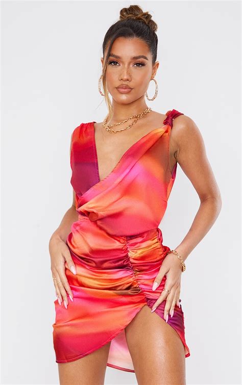 Pink Abstract Satin Plunge Wrap Bodycon Dress Prettylittlething Aus