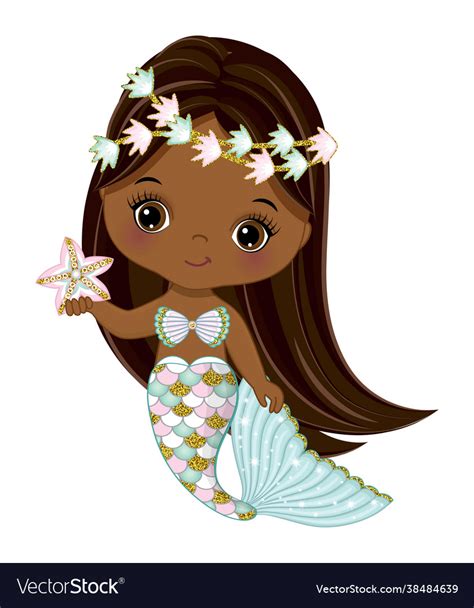 African American Cute Little Mermaid With Starfish