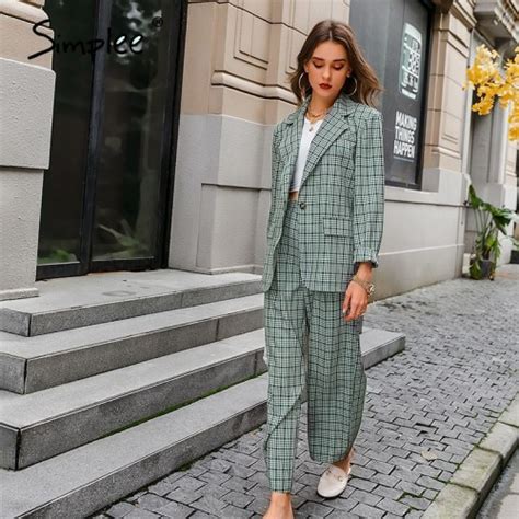 Simplee Elegant Plaid Two Pieces Women Blazer Suit Casual Streetwear