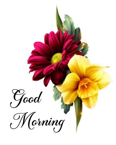 Two Red And Yellow Flowers With The Words Good Morning On Its Bottom