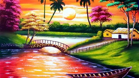 Sunset In A Beautiful Village Sunset Nature Scenery Painting