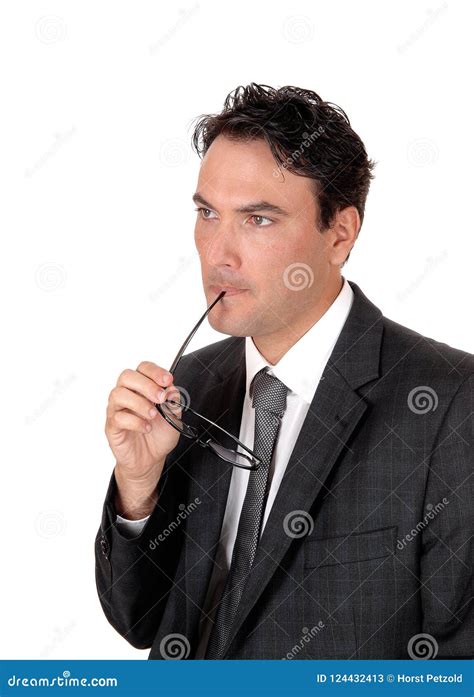Businessman Thinking With Glasses In His Mouths Stock Image Image Of
