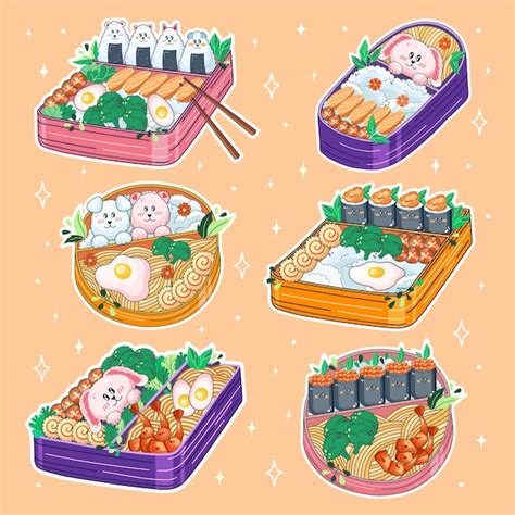 Premium Vector Bento Boxes In Kawaii Style Cute Colorful Illustration