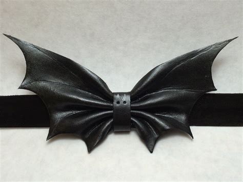 Black Leather Bat Bow Tie With Snap Strap Gisacpe