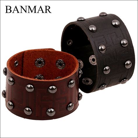 Banmar Gothic Vintage Black Genuine Cowhide Wide Cuff Leather Bracelet