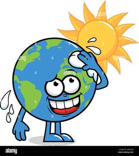 Cartoon Planet Earth Character In Front Of A Burning Sun Wiping Sweat