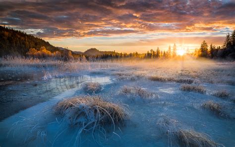 Sunrise Winter Morning In Norway Snow Ice Frozen Lake Sky Clouds Nature