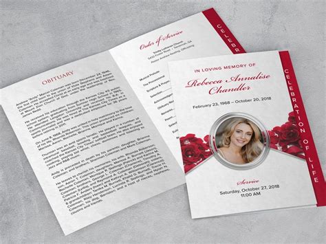 Red Roses Funeral Program Template Single Page Graduated Etsy