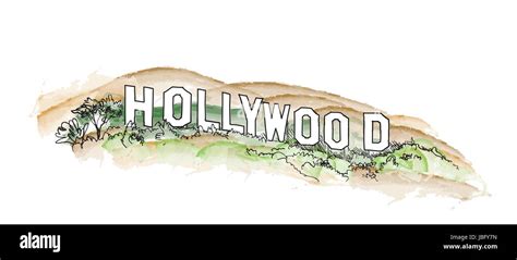 Hollywood Sign Watercolor Illustration Hollywood Hill Landscape View