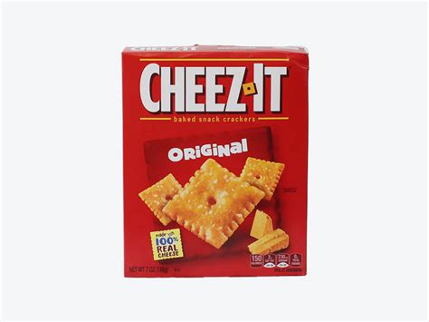 Approximately 26 by 24 millimetres (1.0 by 0.94 in), the rectangular crackers are made with wheat flour, vegetable oil, cheese made with skim milk, salt, and spices. Cheez-It Crackers | Foxtrot
