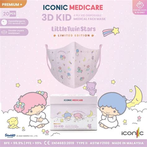 Iconic Medicare 3d Kid 4 12yrs Little Twin Stars 4 Ply Medical Mask