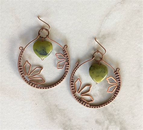Handmade Wire Wrapped Copper Hoop Earrings With Flower Petal Accents