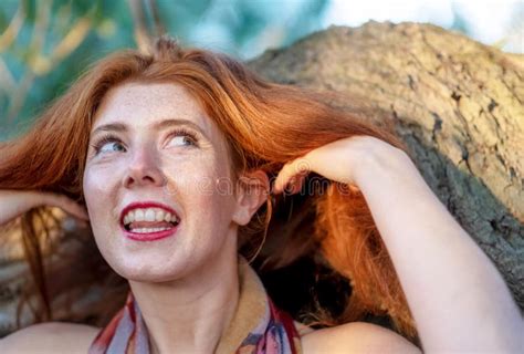 Sensual Seductive Portrait Of Happy Laughing Beautiful Red Haired