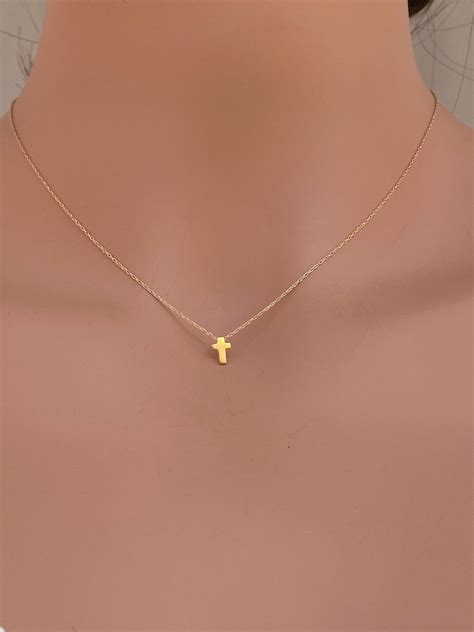 Tiny Gold Cross Necklace K Gold Cross Necklace Solid Etsy