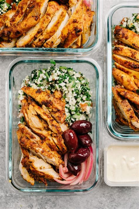 This chicken meal prep recipe features healthy chicken shawarma with a tasty yogurt sauce. Chicken Shawarma Bowl (Whole30, Meal Prep) | Our Salty Kitchen