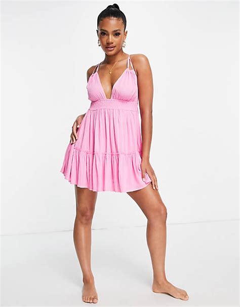 Asos Design Tiered Skinny Textured Tie Beach Mini Dress In Pink Asos