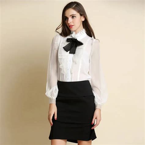 lady bow silk blouse white formal shirts full length stand collar women tops work wear blouse