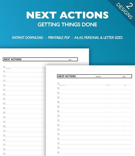 Printable Gtd Next Actions List Pdf In A4 A5 Personal And Us Etsy