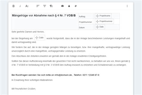 Die vorlage kann man sich kostenlos über folgenden link downloaden. Mängelanzeige laut VOB (inkl. Mustervorlagen) in 7 Schritten - PlanRadar