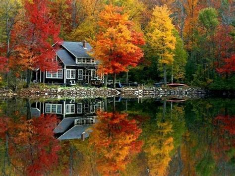 Cabin In Fall Autumn Scenery Autumn Lake Scenery