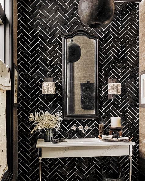 Black Herringbone Tile Wall Powder Room Bathroom Powder Room Design