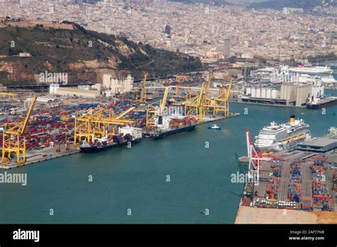 Barcelona Harbor Commercial Pier Boats And Cranes Working Aerial View