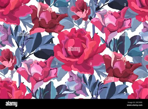 Vector Floral Seamless Pattern Burgundy Garden Roses Stock Vector