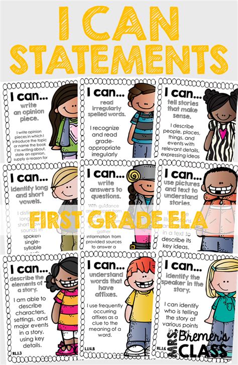 I Can Statements Charts First Grade Ela For Focus Board Or
