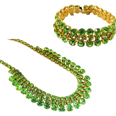Peridot Green Rhinestone Jewelry Set Choker Necklace Bracelet 1950s