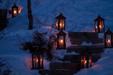 Lanterns In Dark On The Snow Winter Wonderland