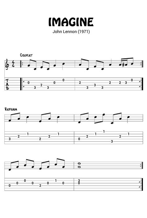 Imagine John Lennon Partition Tablature GUITARE version simplifiée Tablature Tablature