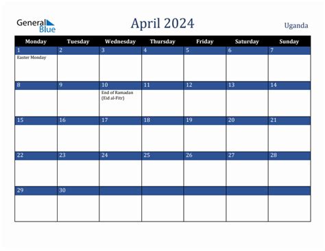 April 2024 Uganda Monthly Calendar With Holidays