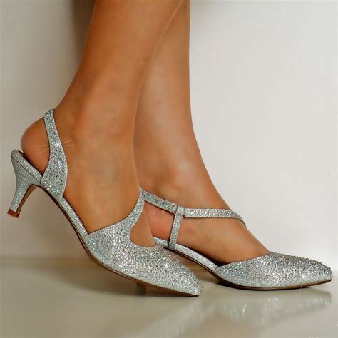 New Diamante Silver Gold Low Kitten Heel Prom Evening Bridal Shoes Sandals Ladies Evening