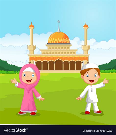 Happy Cartoon Muslim Kids Waving Hand In Front Vector Image