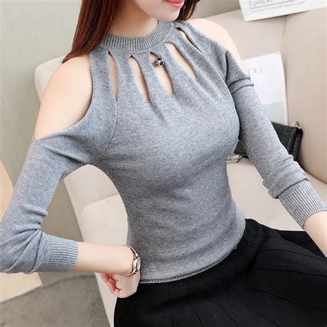 Fashion Winter Tops 2018 Korean Knitted Cotton Sexy Off Shoulder Top Long Sleeve Solid Women