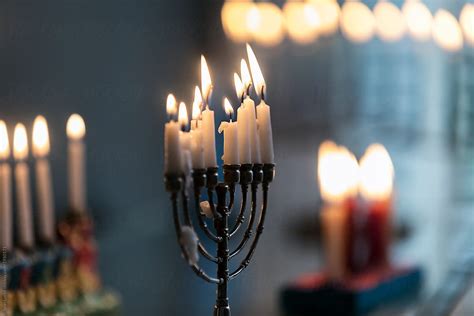 Hanukkah Variety Of Holiday Menorahs With Lit Candles Stock Image