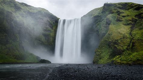 Waterfall On Green Grass Covered Rock Scenery Hd Nature Wallpapers Hd