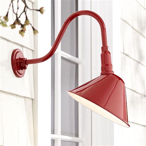 Franklin Iron Works Rustic Farmhouse Outdoor Barn Light Fixture Red Curving Gooseneck RLM