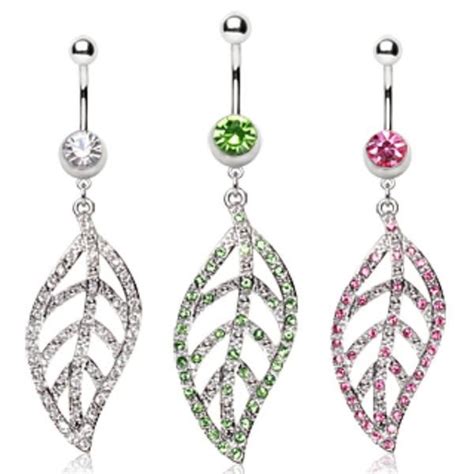 316l Surgical Steel Navel Ring With Leaf Shaped Dangle Dangle Belly Rings Navel Rings Flower