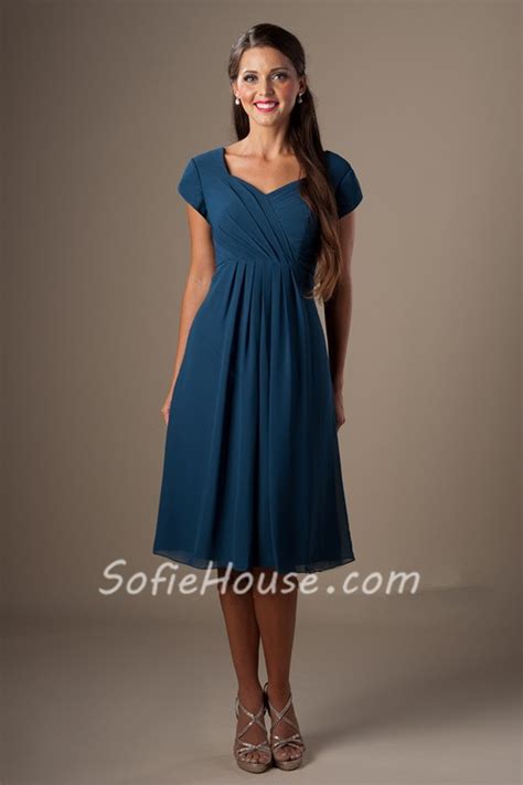 A Line Sweetheart Cap Sleeves Tea Length Navy Blue Chiffon Party