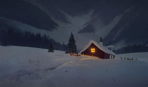 Wallpaper House Hut Night Snow Art Hd Widescreen High