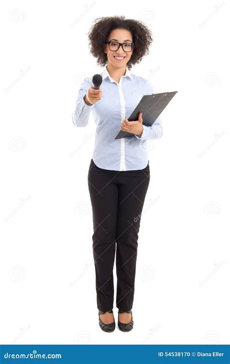 Beautiful African American Female Journalist With Microphone Tak Stock